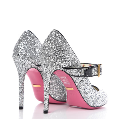 Gucci Calfskin Glitter Slyvie Mary Jane Pumps 37.5 Argento 4 of 8