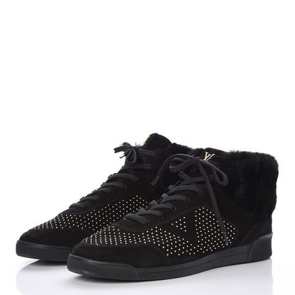 Louis Vuitton Suede Shearling Studded High Top Sneakers 41 Black 3 of 14