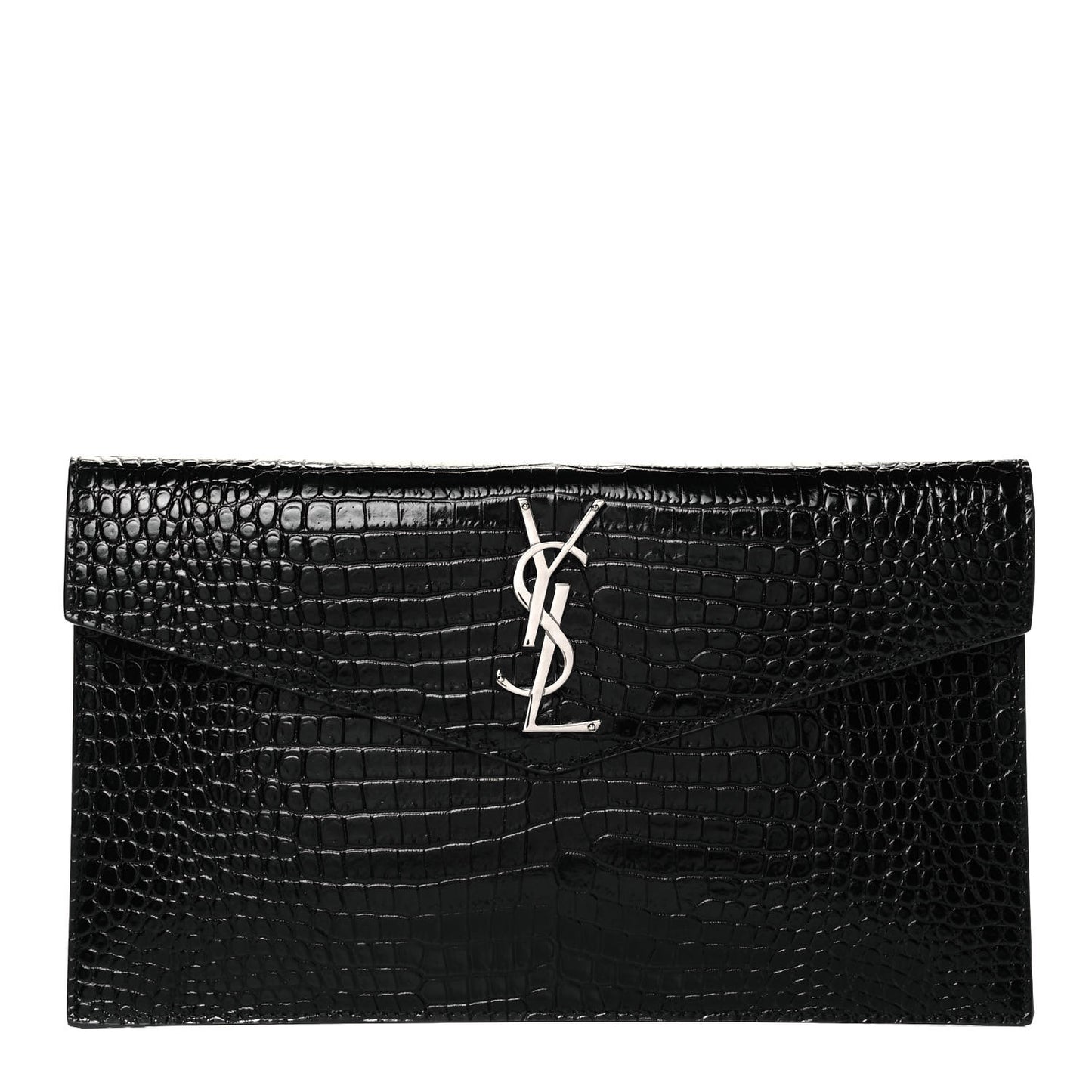 Calfskin Crocodile Embossed Uptown Monogram Clutch Black