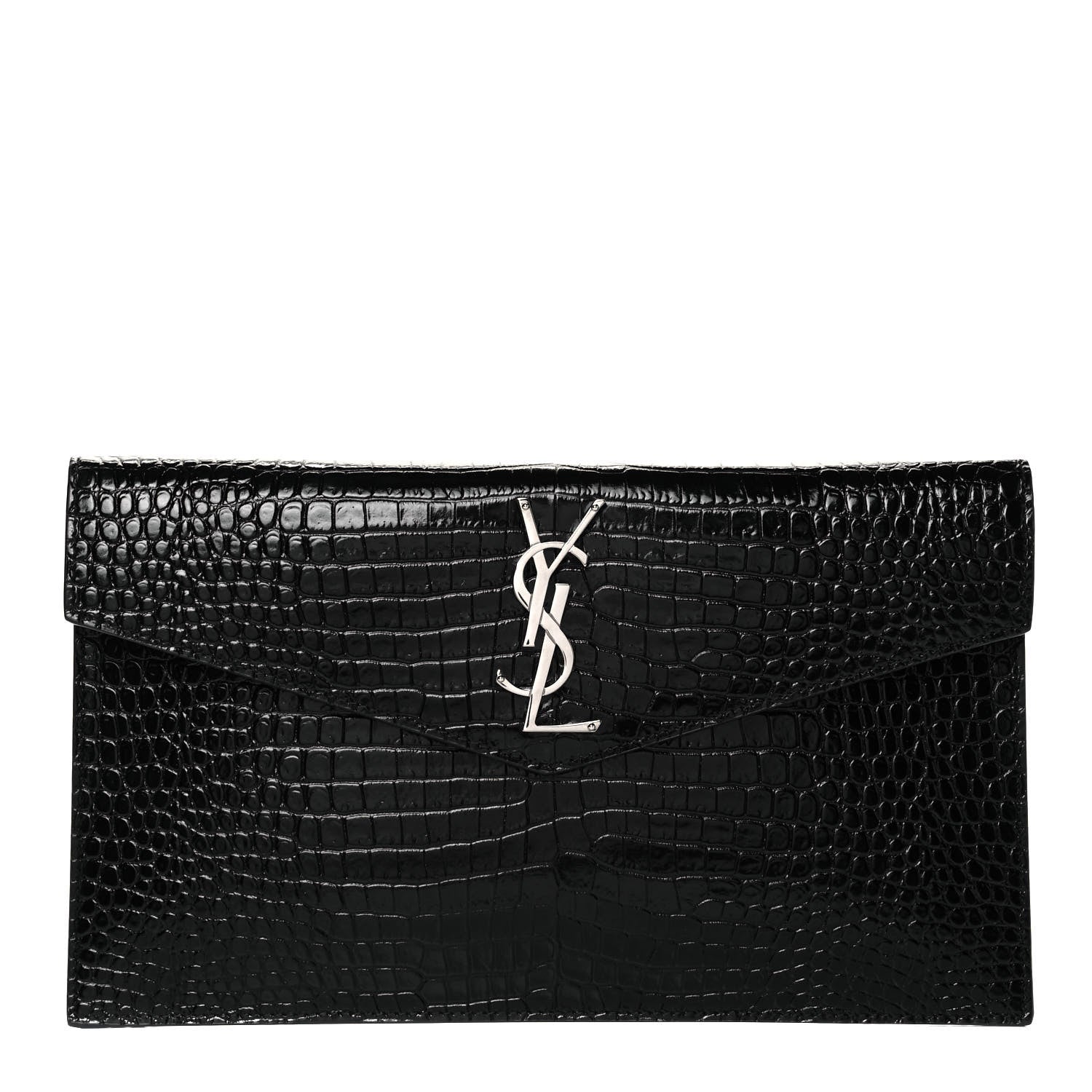 Saint Laurent Calfskin Crocodile Embossed Uptown Monogram Clutch Black 1 of 8
