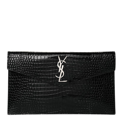 Saint Laurent Calfskin Crocodile Embossed Uptown Monogram Clutch Black 1 of 8