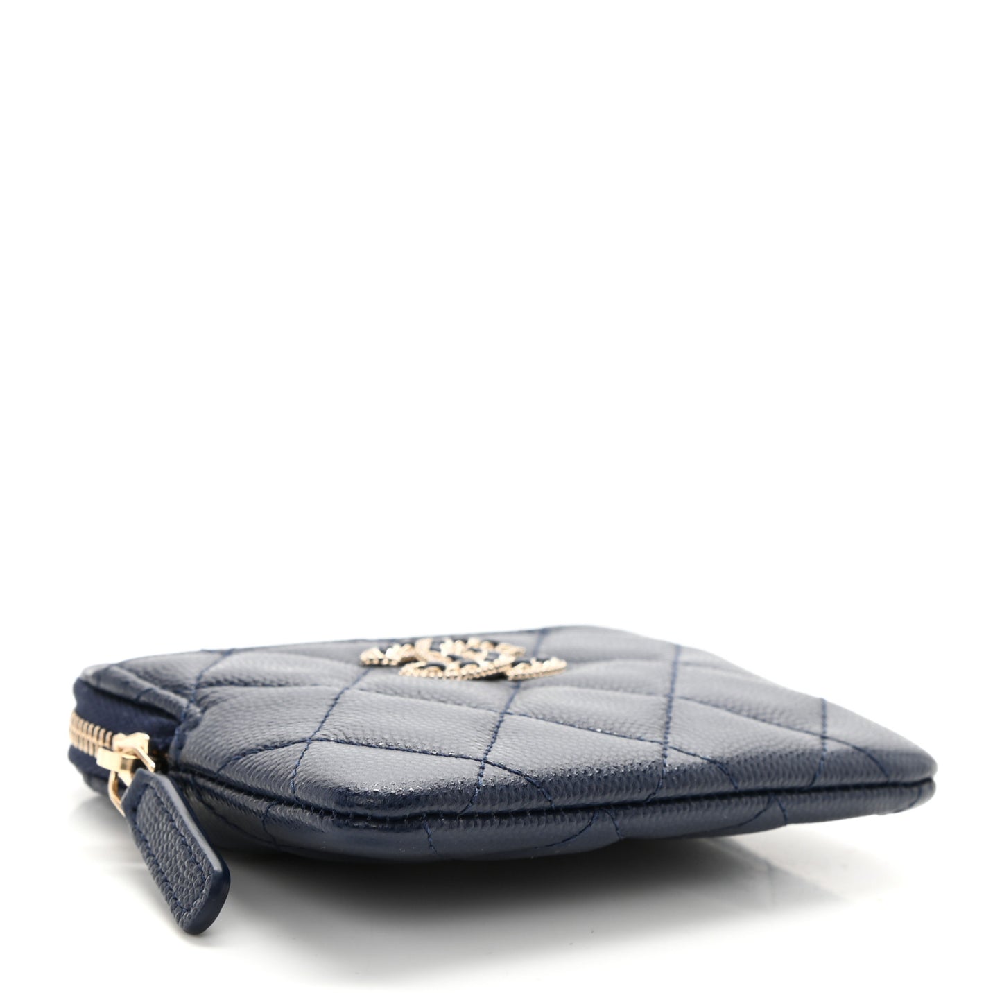 Caviar Quilted Crystal Zip Card Holder Wallet Navy