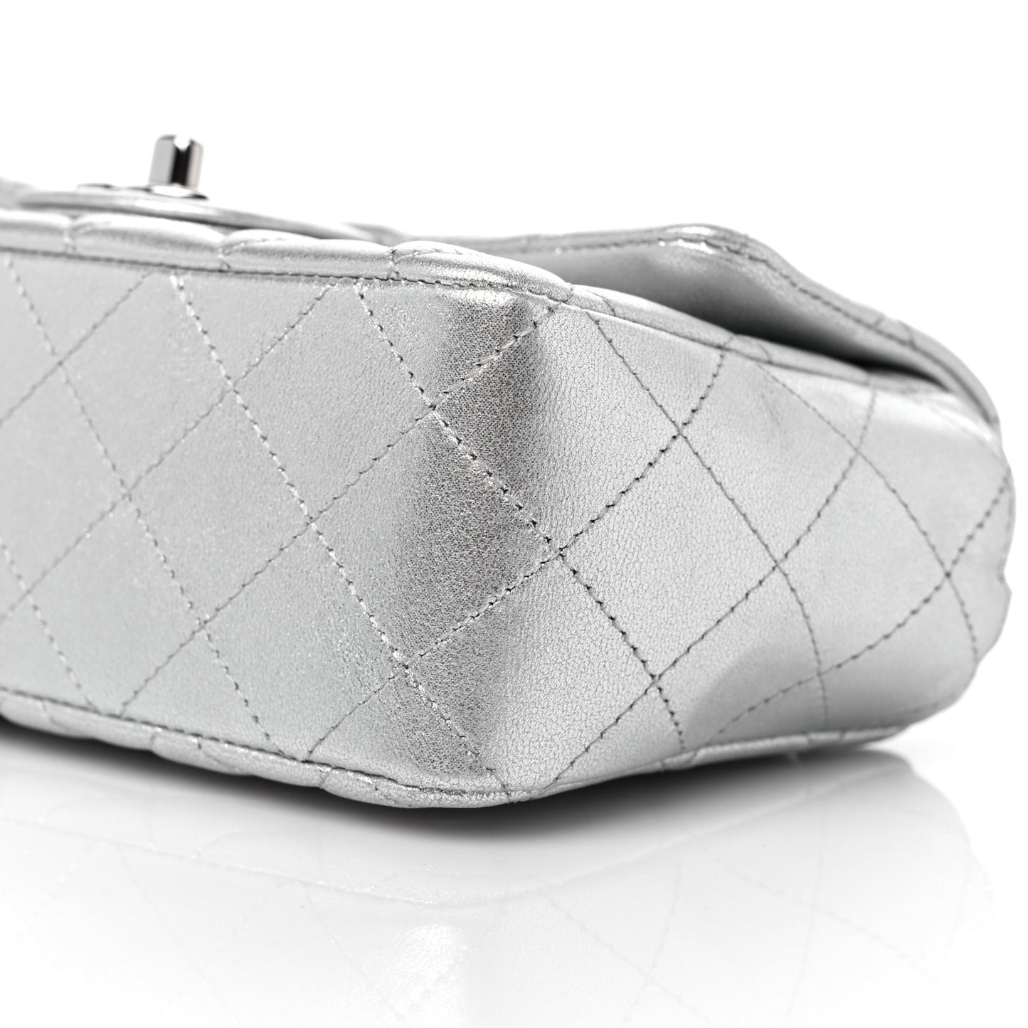 Metallic Lambskin Quilted Mini Rectangular Flap Silver