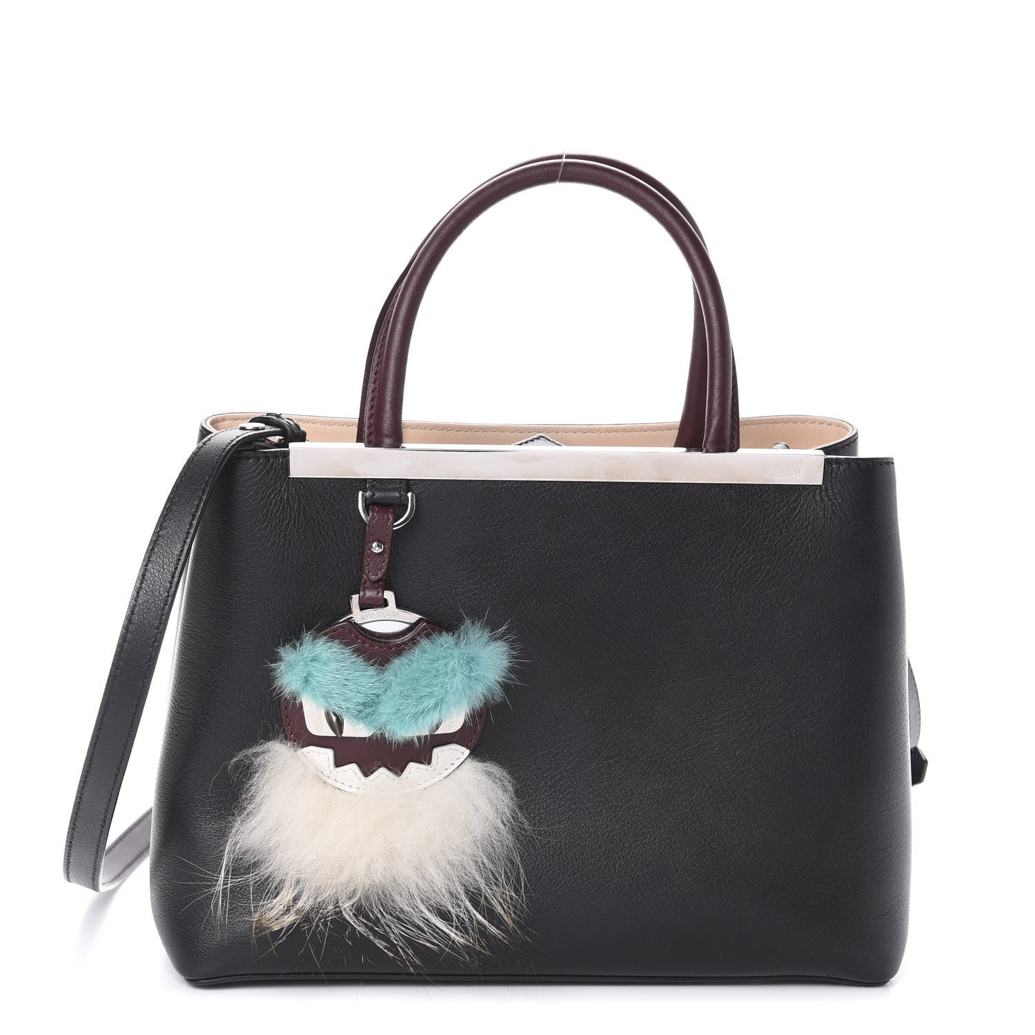 Fendi Vitello Dolce Fox Mink Bi-Color Monster Mirror Charm Petite 2Jours Tote Black Bordeaux Acquamarine 1 of 7