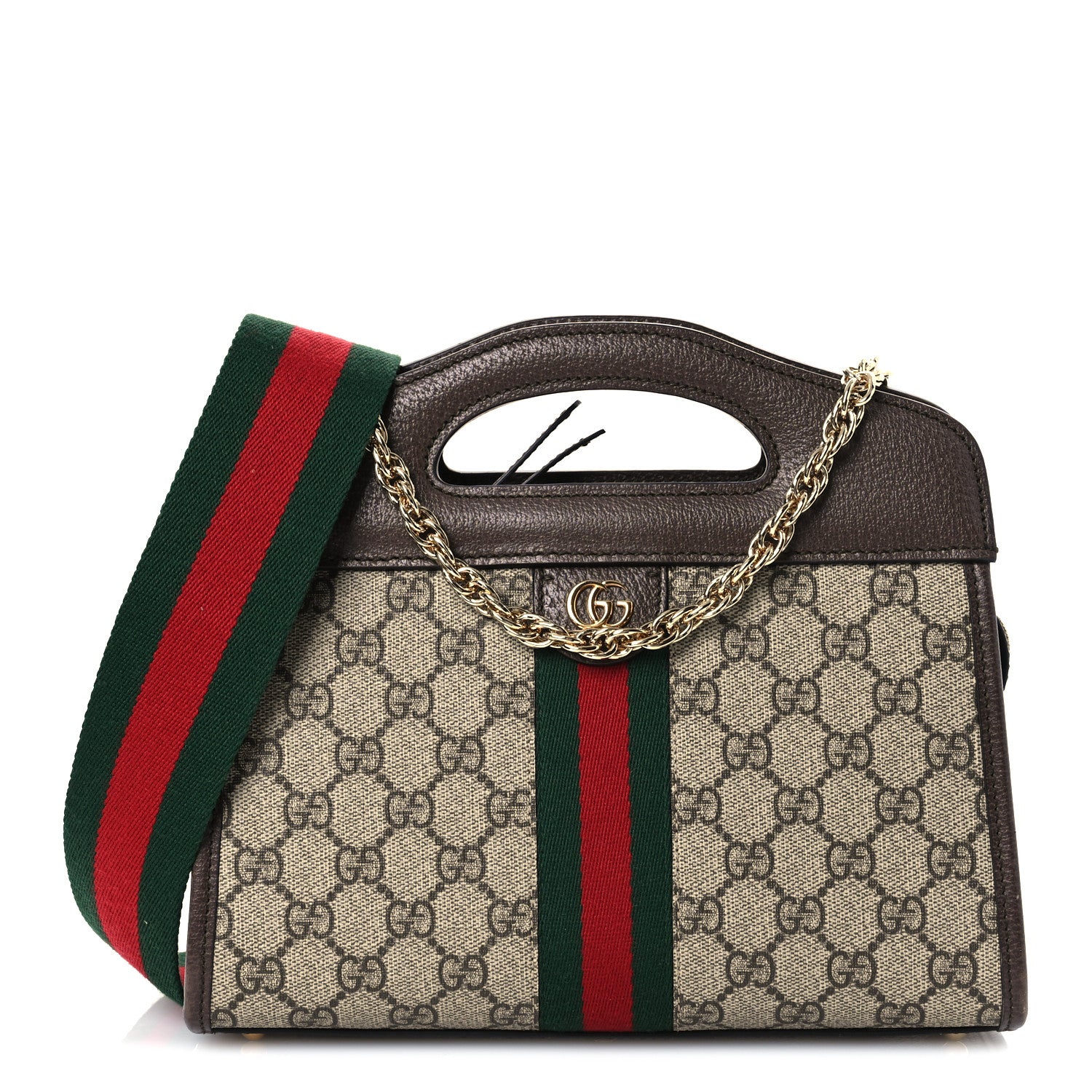 Gucci GG Supreme Monogram Textured Dollar Calfskin Web Small Ophidia Slip Handle Tote Beige Ebony New Acero 1 of 13