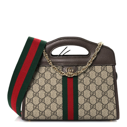 Gucci GG Supreme Monogram Textured Dollar Calfskin Web Small Ophidia Slip Handle Tote Beige Ebony New Acero 1 of 13