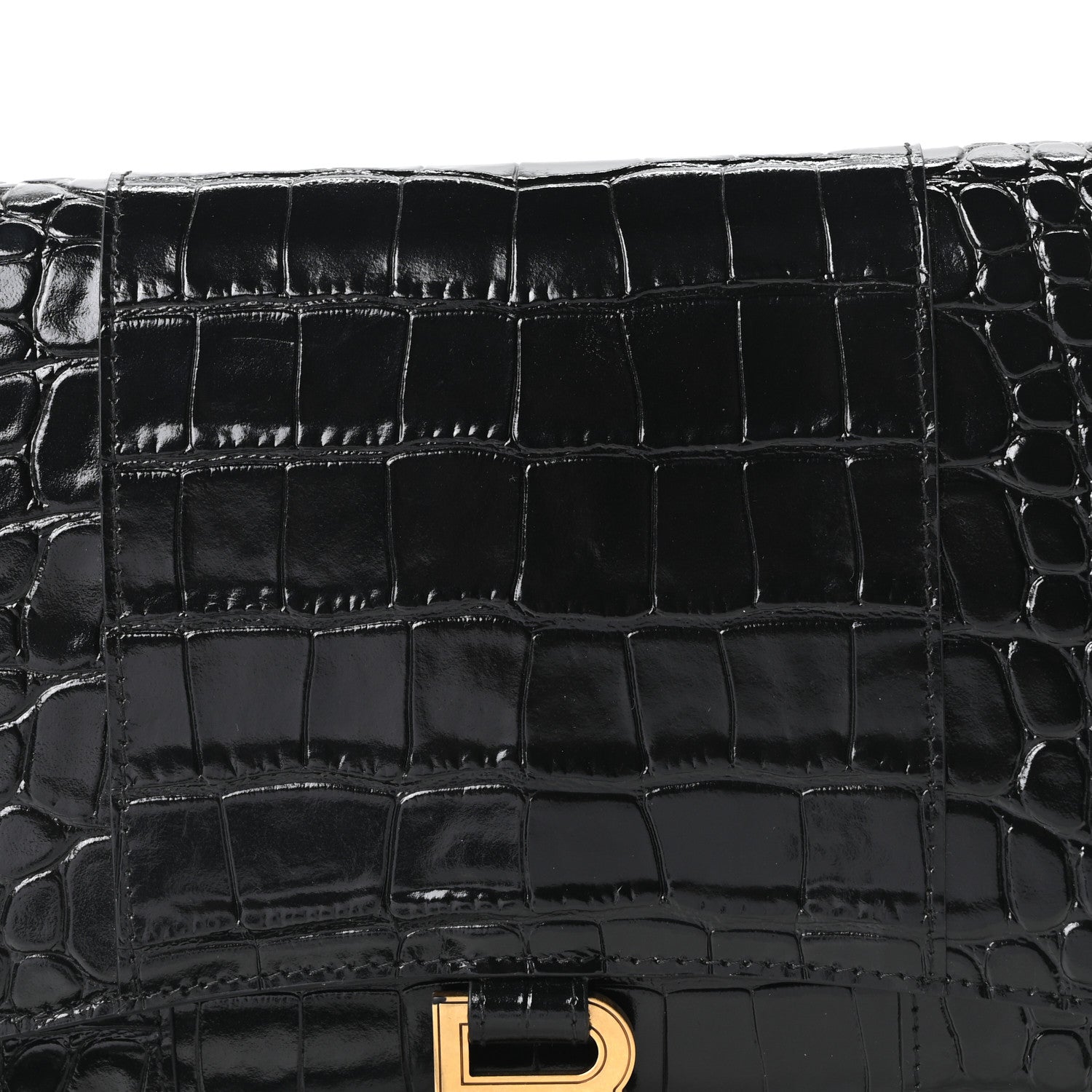 Balenciaga Shiny Calfskin Crocodile Embossed Hourglass Gusset Pouch Black 7 of 9