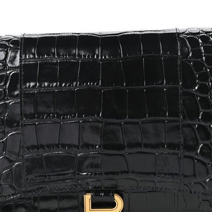 Balenciaga Shiny Calfskin Crocodile Embossed Hourglass Gusset Pouch Black 7 of 9