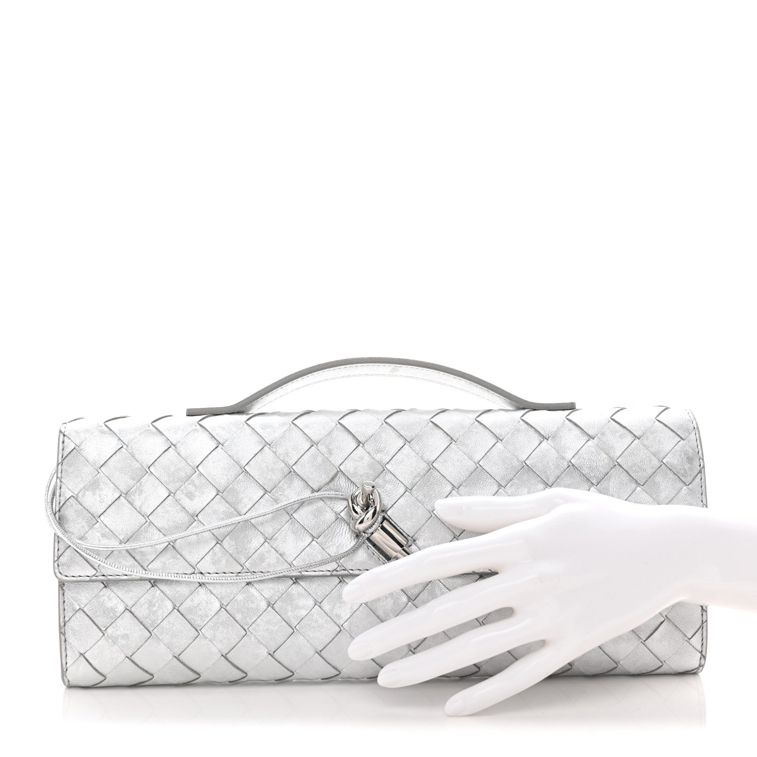 Bottega Veneta Metallic Lambskin Intrecciato Long Andiamo Top Handle Clutch Silver 2 of 11
