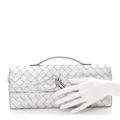 Bottega Veneta Metallic Lambskin Intrecciato Long Andiamo Top Handle Clutch Silver 2 of 11