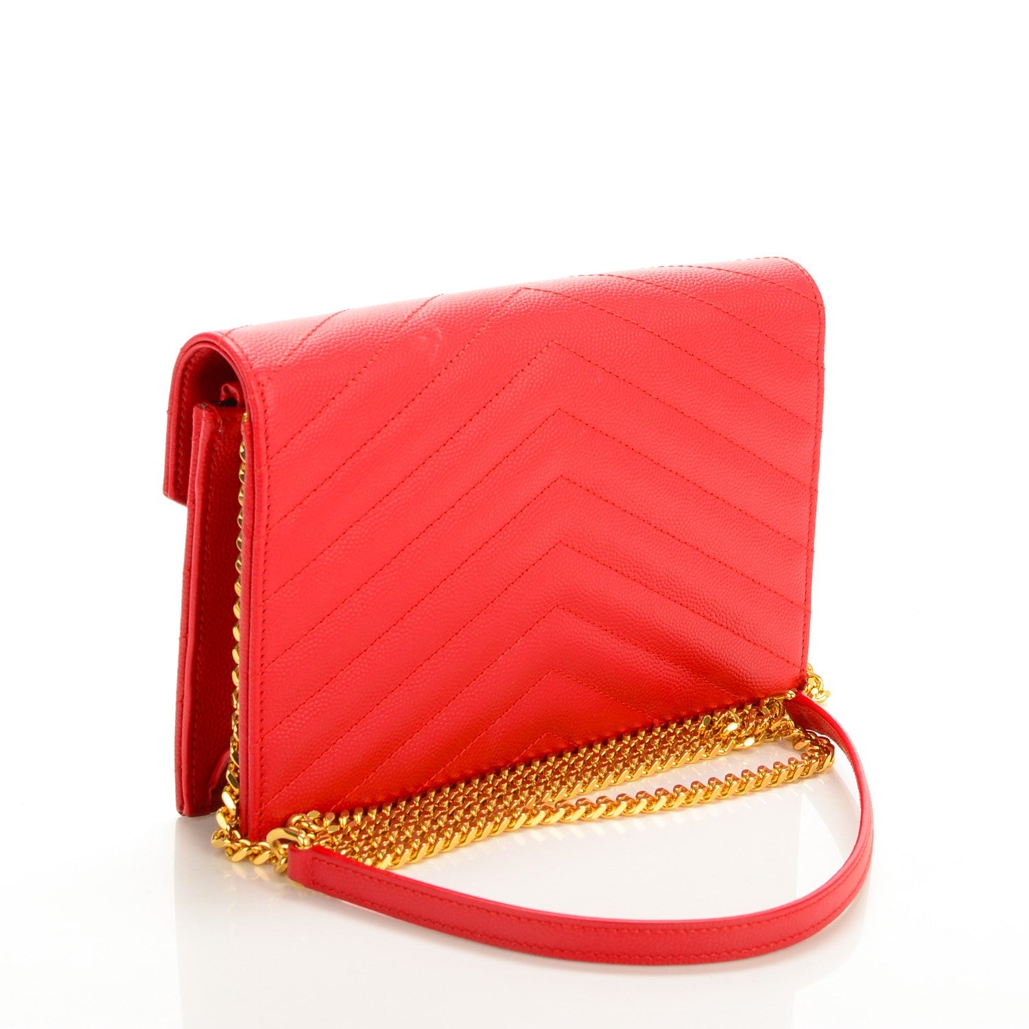 Saint Laurent Grain De Poudre Matelasse Chevron Monogram Envelope Chain Wallet Red 3 of 7