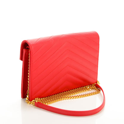 Saint Laurent Grain De Poudre Matelasse Chevron Monogram Envelope Chain Wallet Red 3 of 7