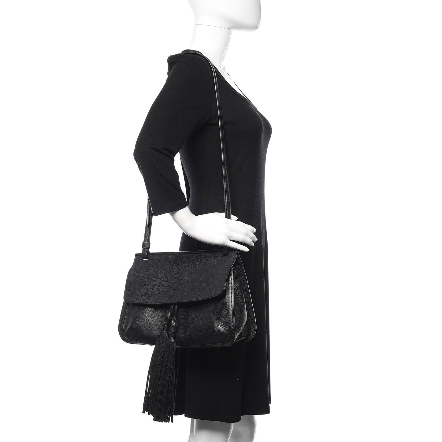 Pebbled Calfskin Medium Bamboo Daily Flap Shoulder Bag Black