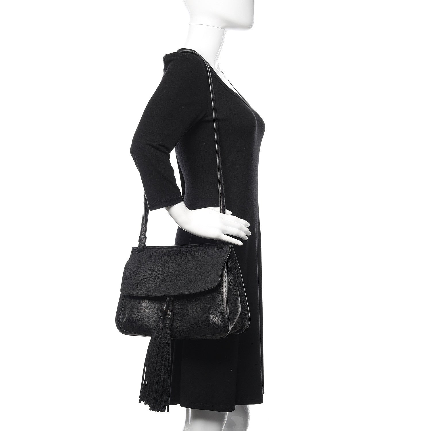 Gucci Pebbled Calfskin Medium Bamboo Daily Flap Shoulder Bag Black 2 of 13