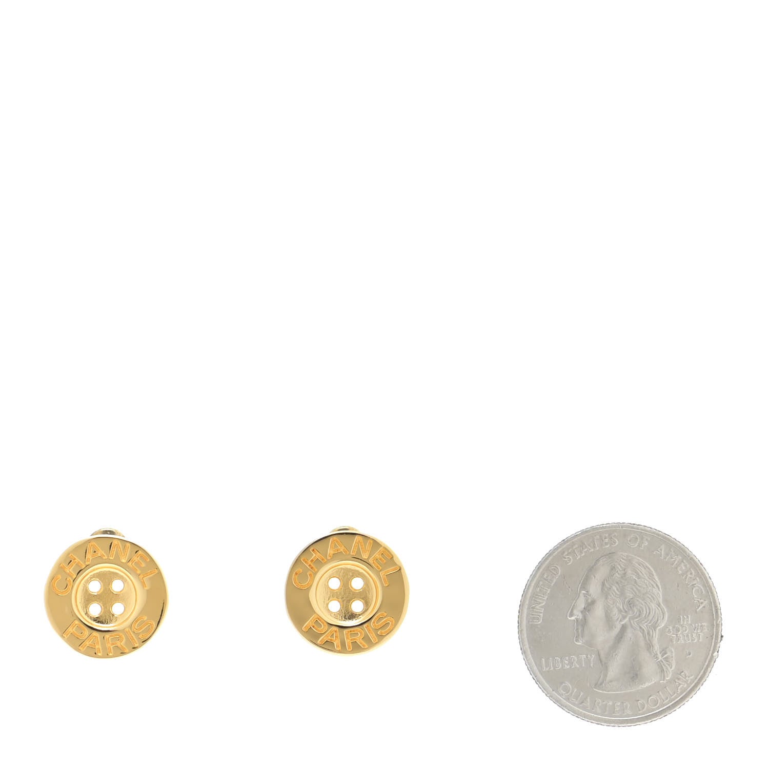 Chanel Metal Paris Button Stud Earrings Gold 2 of 4