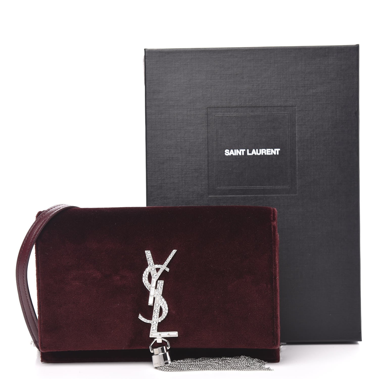 Saint Laurent Velvet Crystal Monogram Kate Tassel Shoulder Bag Burgundy 9 of 9