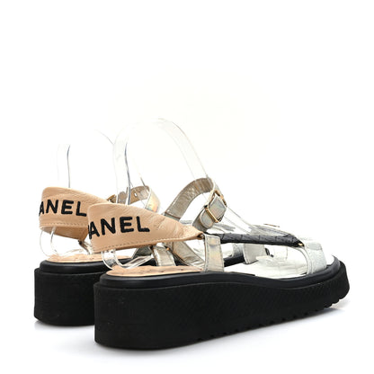 Chanel Lambskin Logo Platform Sandals 41 Beige Gold White 4 of 8