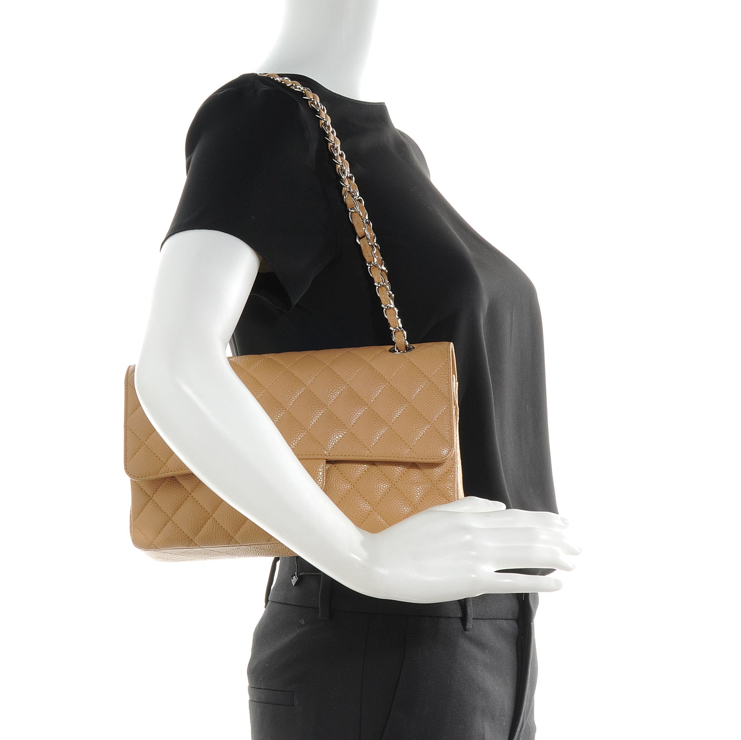 Caviar Quilted Medium Double Flap Beige