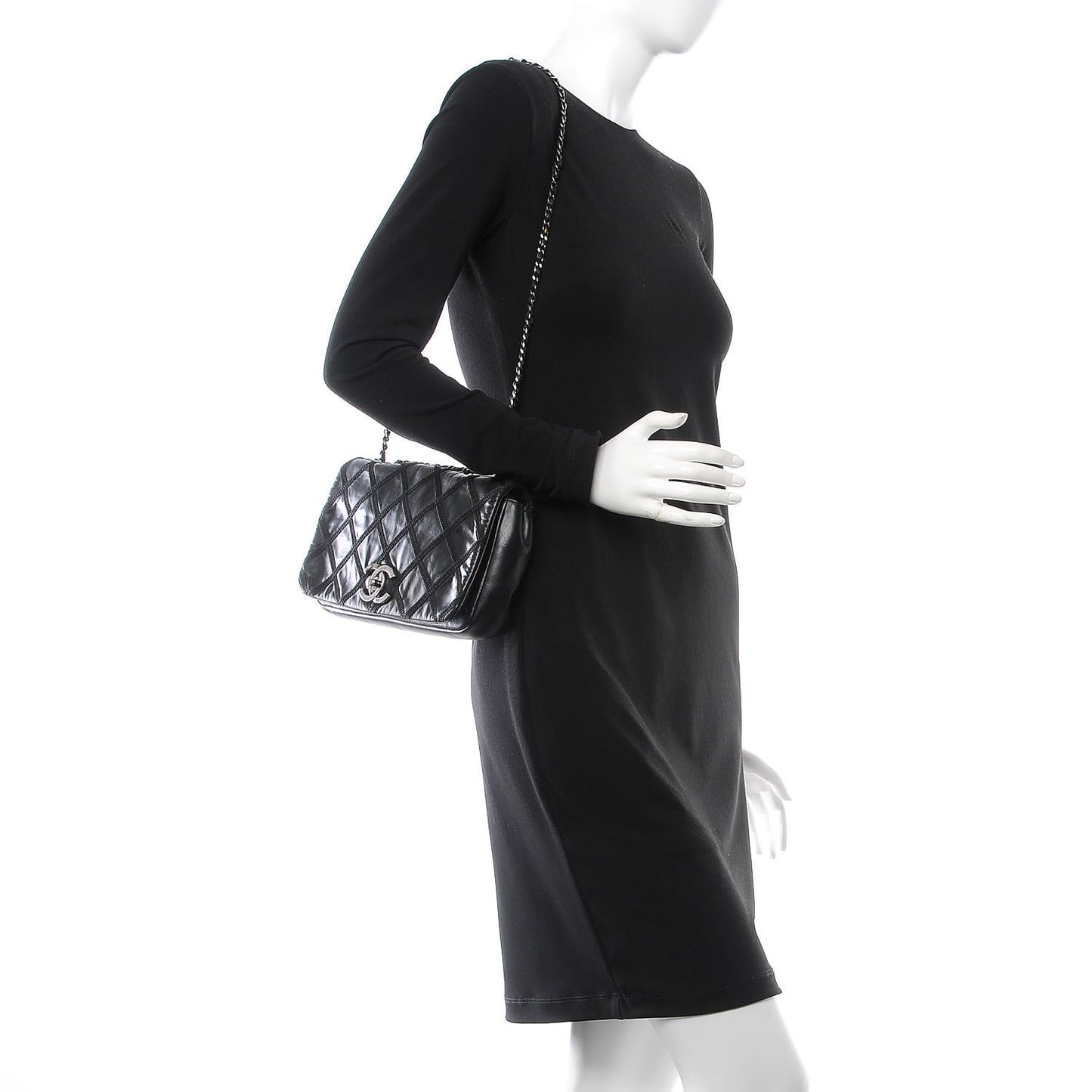 Calfskin Diamond Embroidered Medium Flap Black