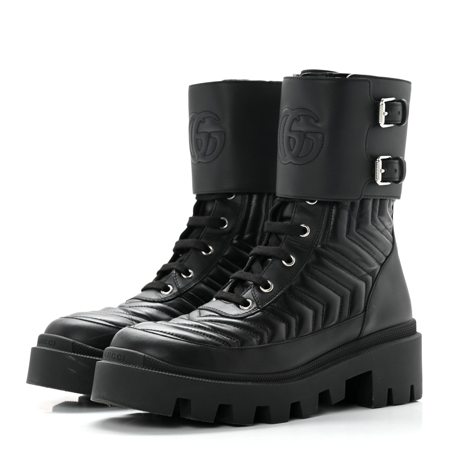 Nappa Frances GG Matelasse Platform Combat Boots 38 Black