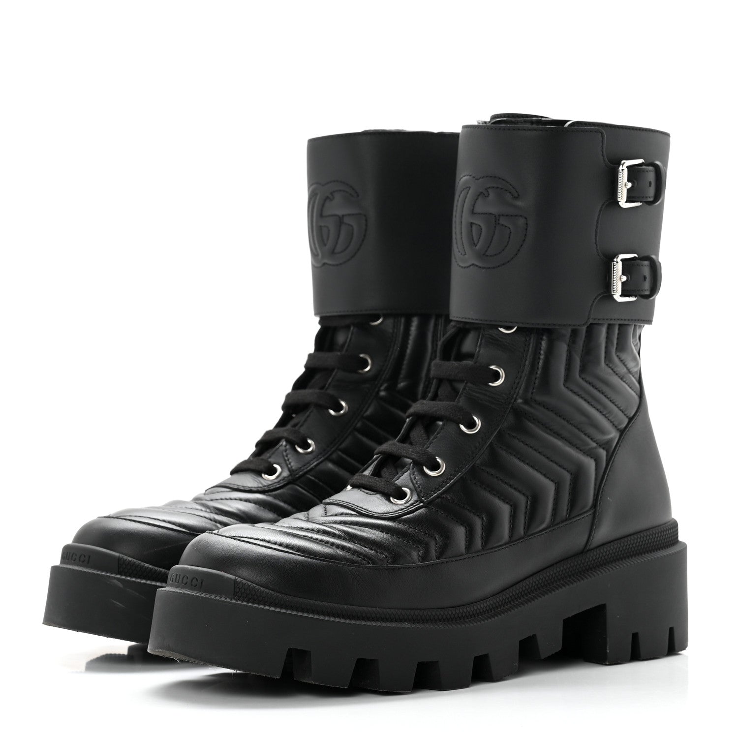 Gucci Nappa Frances GG Matelasse Platform Combat Boots 38 Black 3 of 9