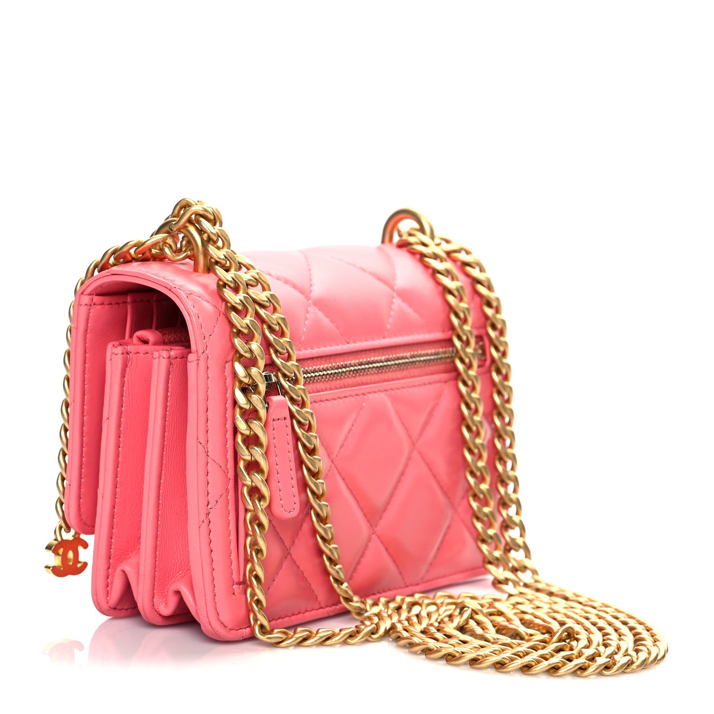 Lambskin Enamel Quilted Pending Clutch With Chain Pink