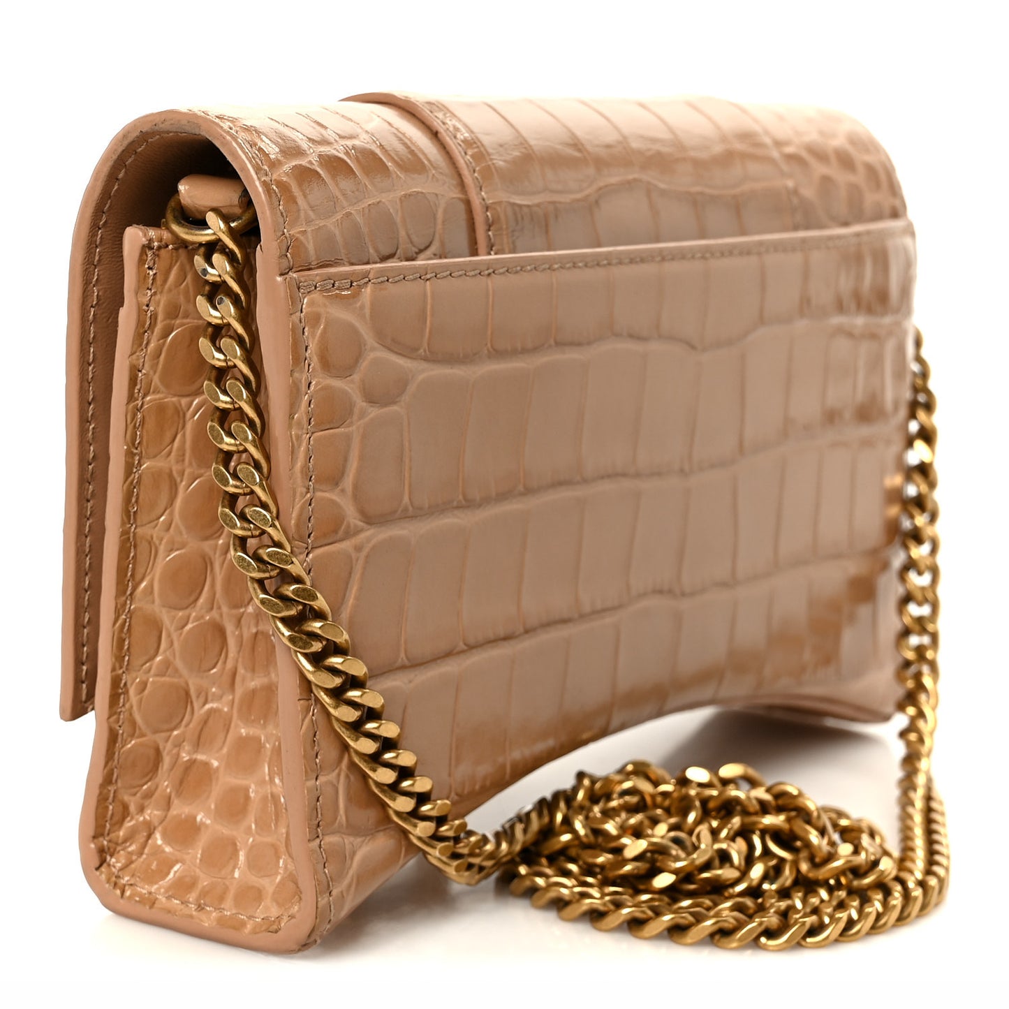 Shiny Calfskin Crocodile Embossed Hourglass Chain Bag Nude Beige