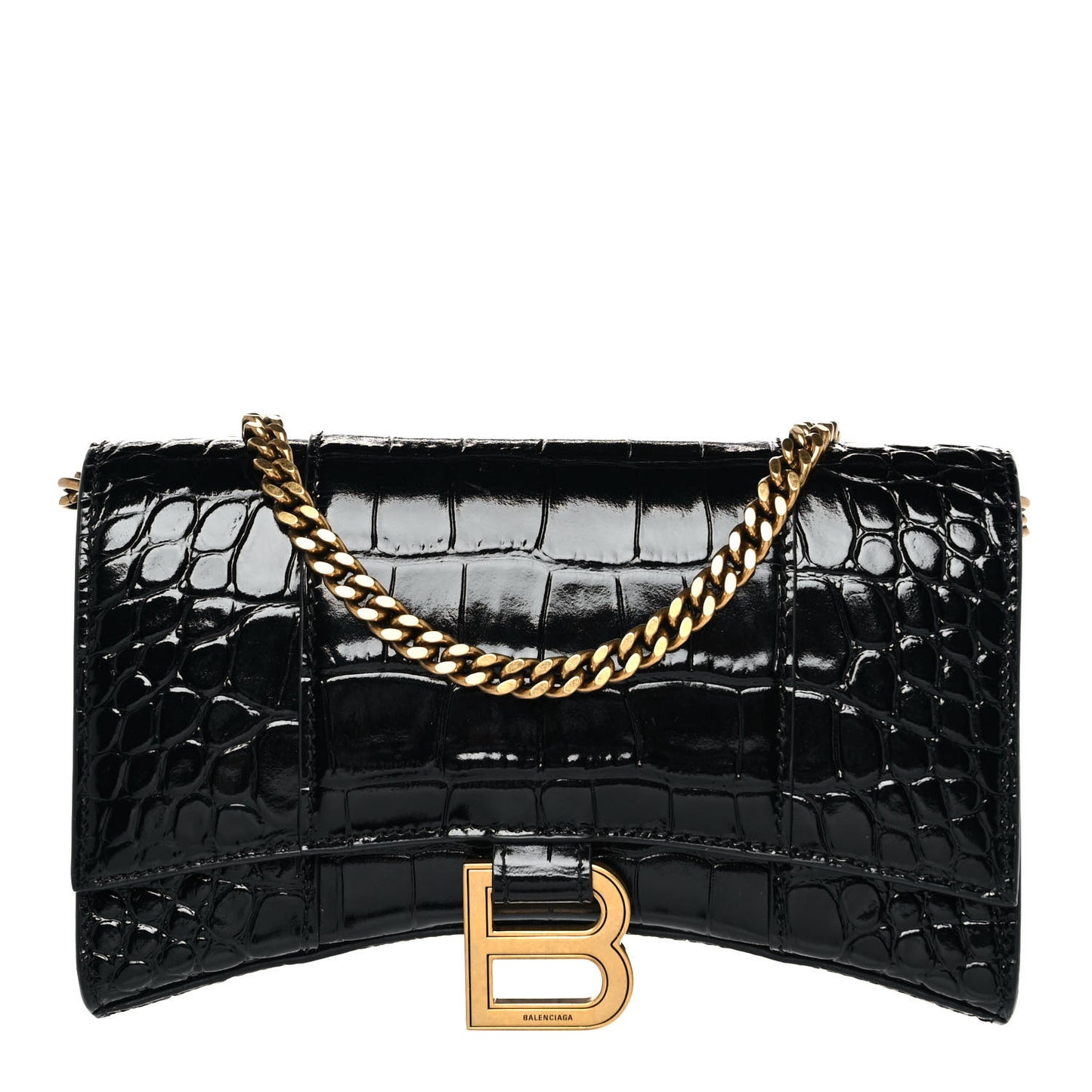 Shiny Calfskin Crocodile Embossed Hourglass Chain Bag Black