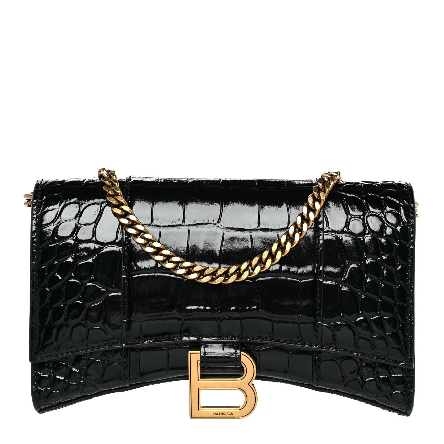 Balenciaga Shiny Calfskin Crocodile Embossed Hourglass Chain Bag Black 1 of 9