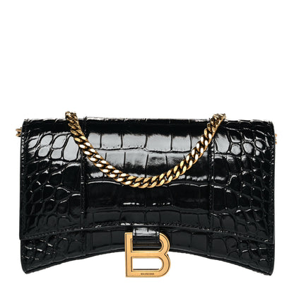 Balenciaga Shiny Calfskin Crocodile Embossed Hourglass Chain Bag Black 1 of 9