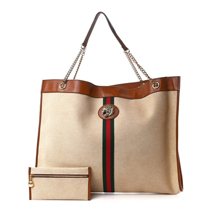 Gucci Vintage Canvas Calfskin Web Maxi Rajah Chain Tote Sand Light Cuir 1 of 15