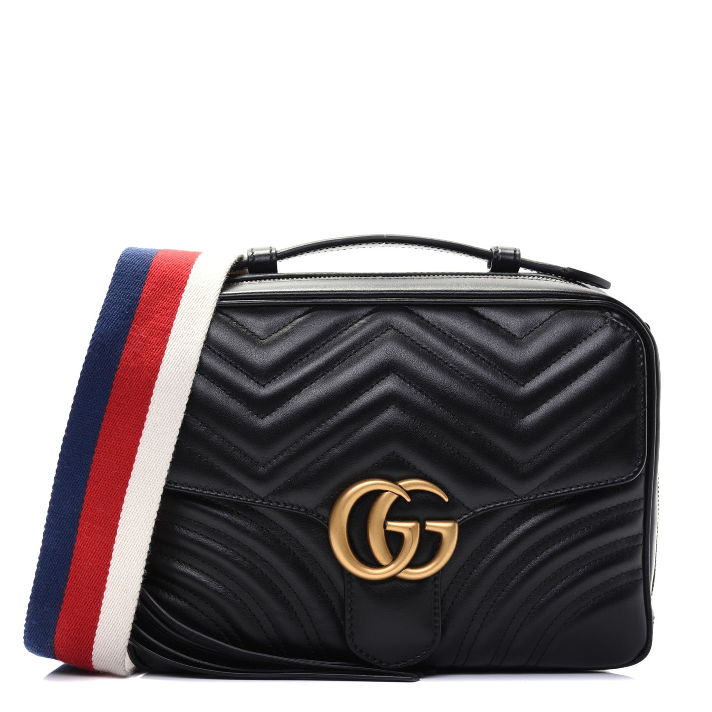 Calfskin Matelasse Sylvie Web Small GG Marmont Top Handle Shoulder Bag Black