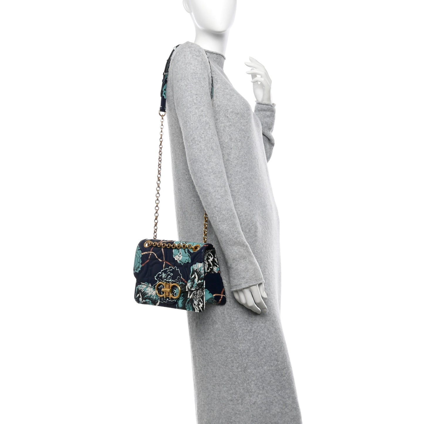 Calfskin Quilted Floral Printed Gancini Flap Bag Blue Multicolor