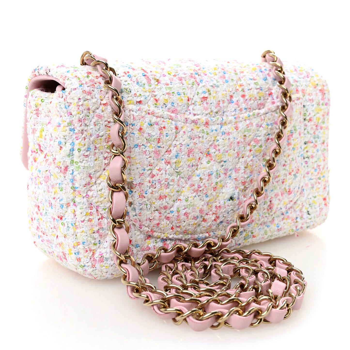 Tweed Sequin Quilted Mini Rectangular Flap White Pink Green Blue