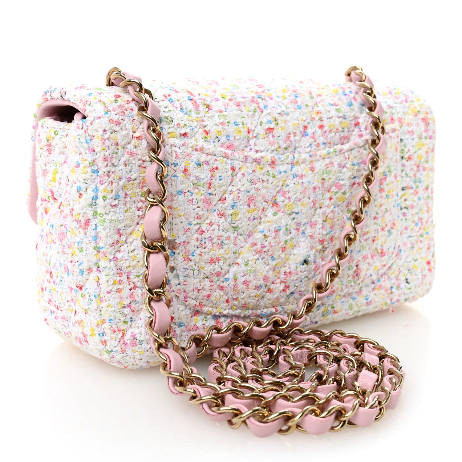 Chanel Tweed Sequin Quilted Mini Rectangular Flap White Pink Green Blue 3 of 10