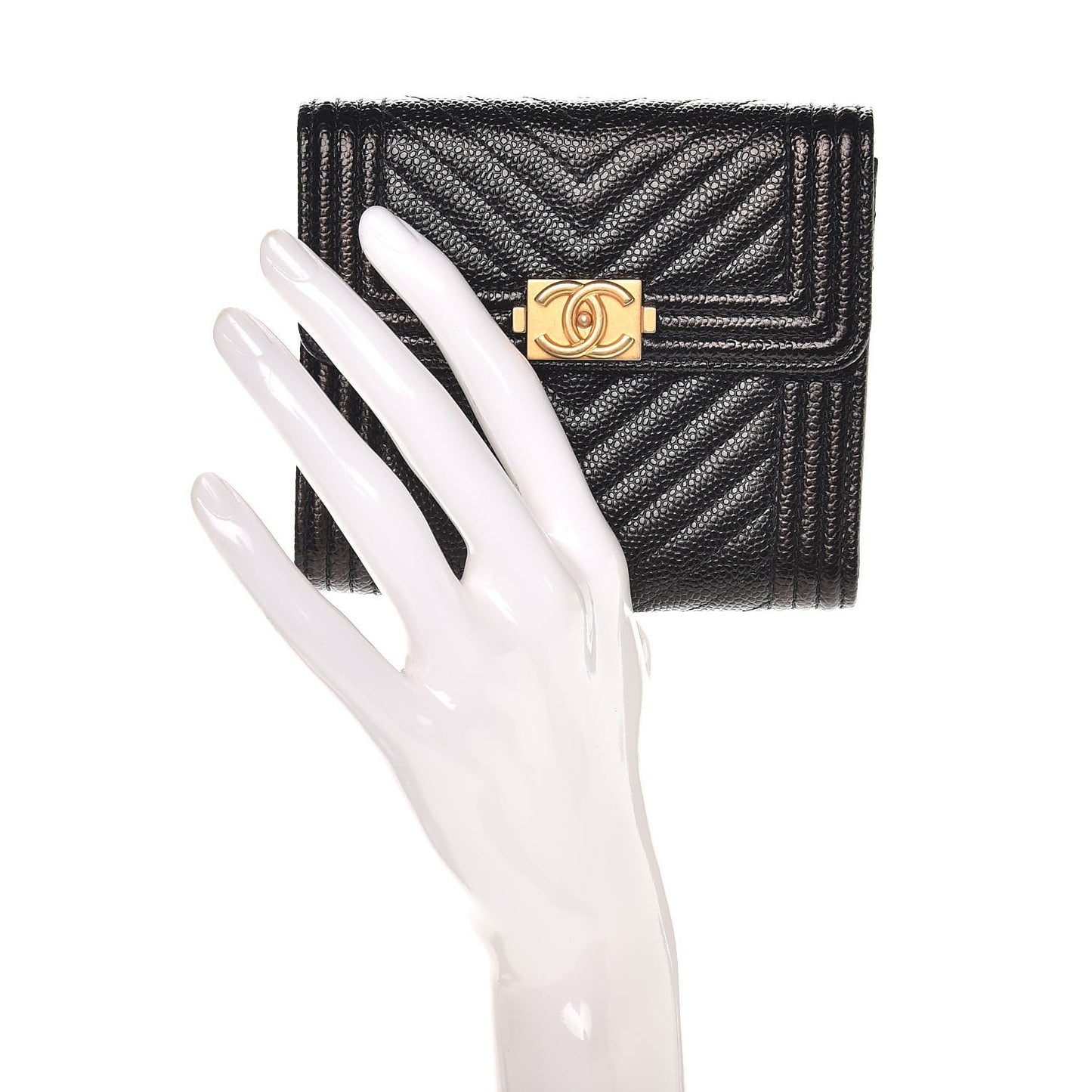 Caviar Chevron Quilted Boy Compact Wallet Black