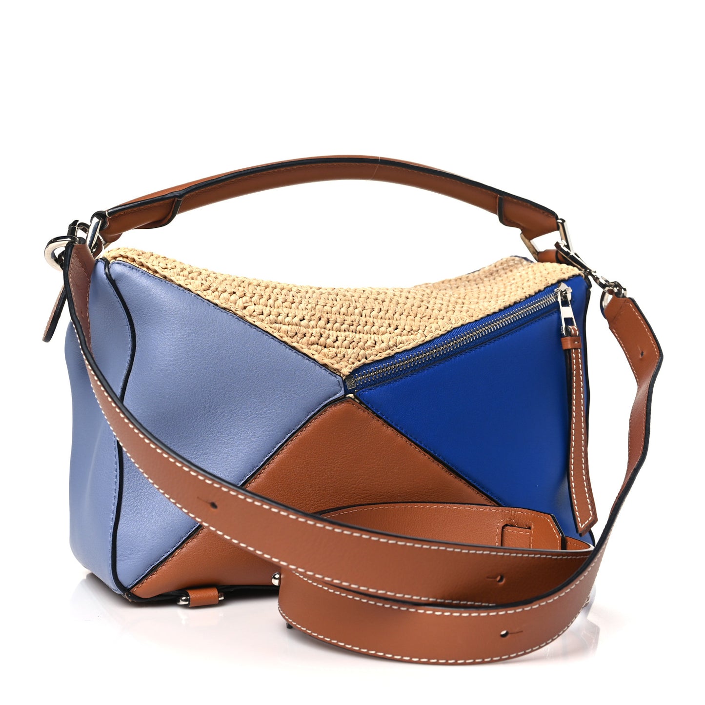 Calfskin Raffia Paula's Ibiza Medium Puzzle Bag Blue Tan
