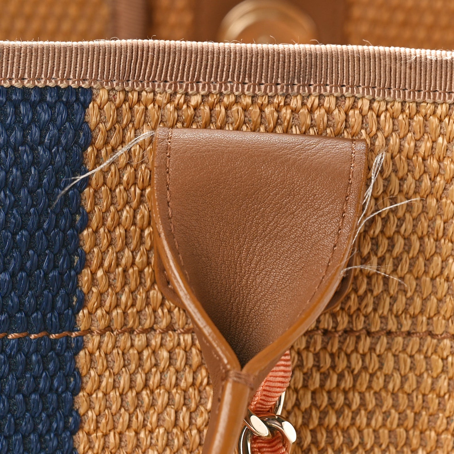 Straw Raffia Calfskin Striped Medium Deauville Tote Khaki Beige Navy Blue