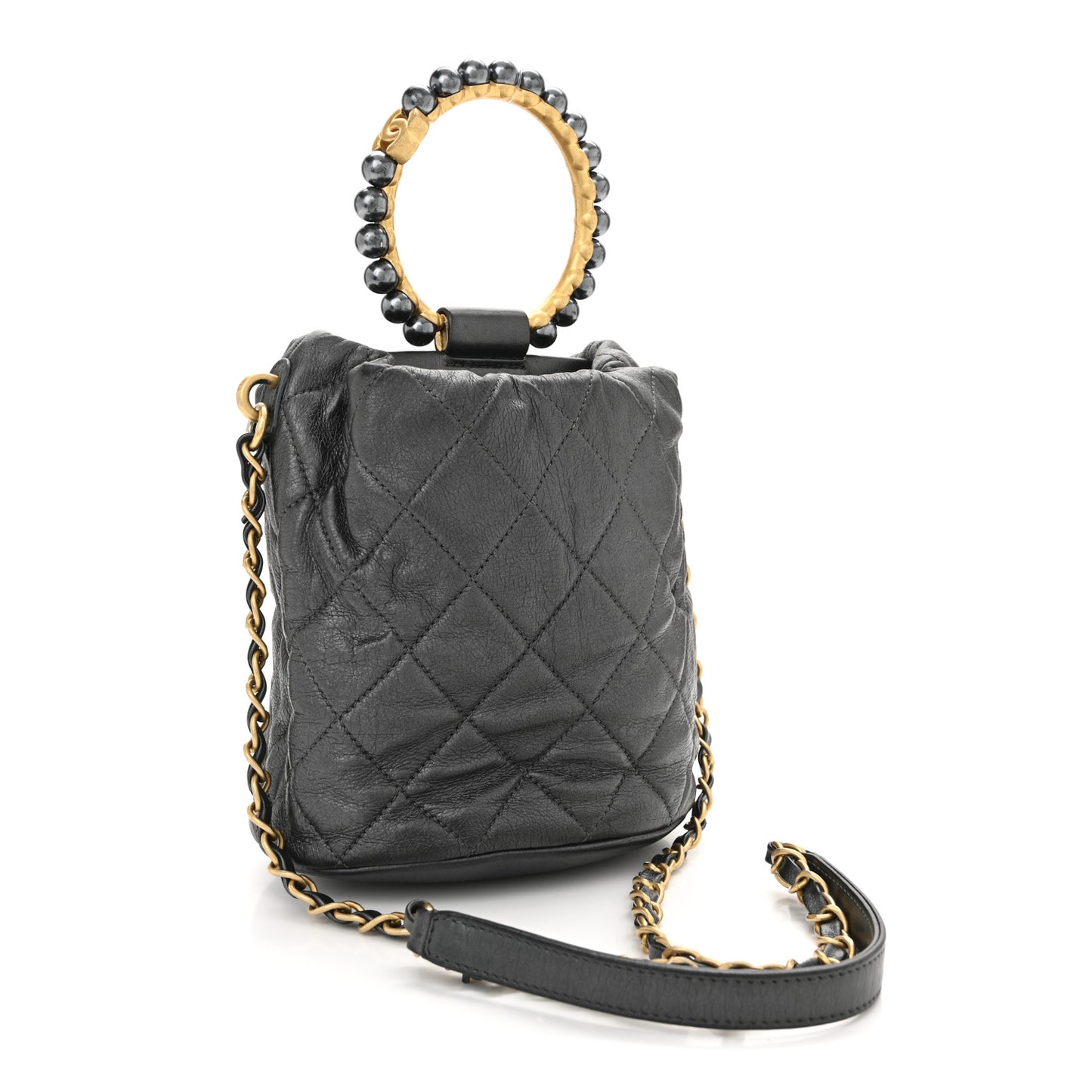 Metallic Lambskin Quilted Pearl Crown Drawstring Bag Anthracite
