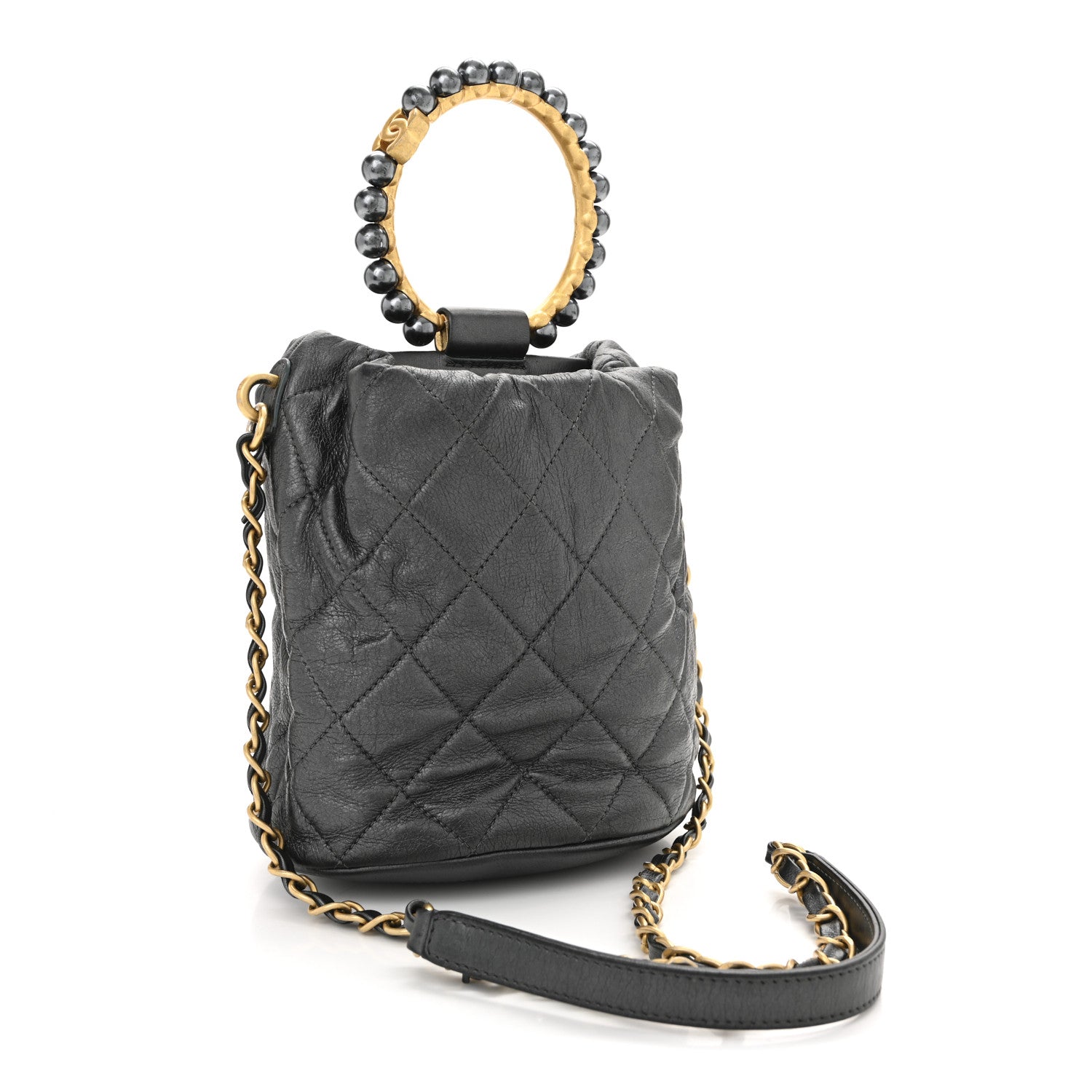 Chanel Metallic Lambskin Quilted Pearl Crown Drawstring Bag Anthracite 3 of 11