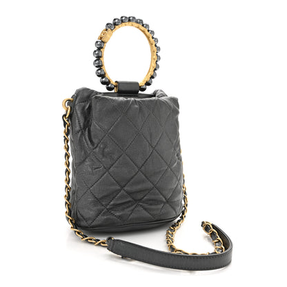 Chanel Metallic Lambskin Quilted Pearl Crown Drawstring Bag Anthracite 3 of 11