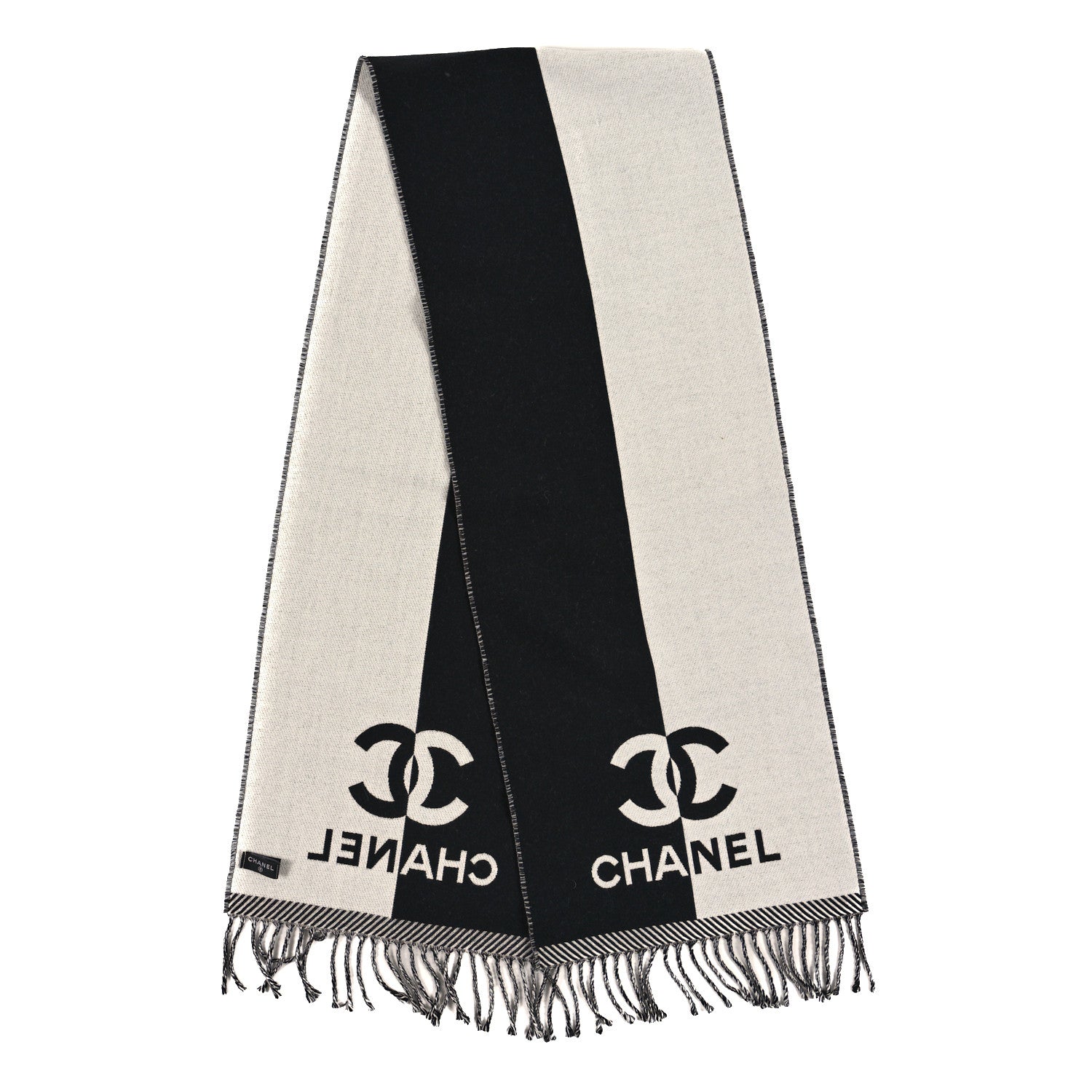 Chanel Wool CC Logo Fringe Scarf Black White 2 of 3