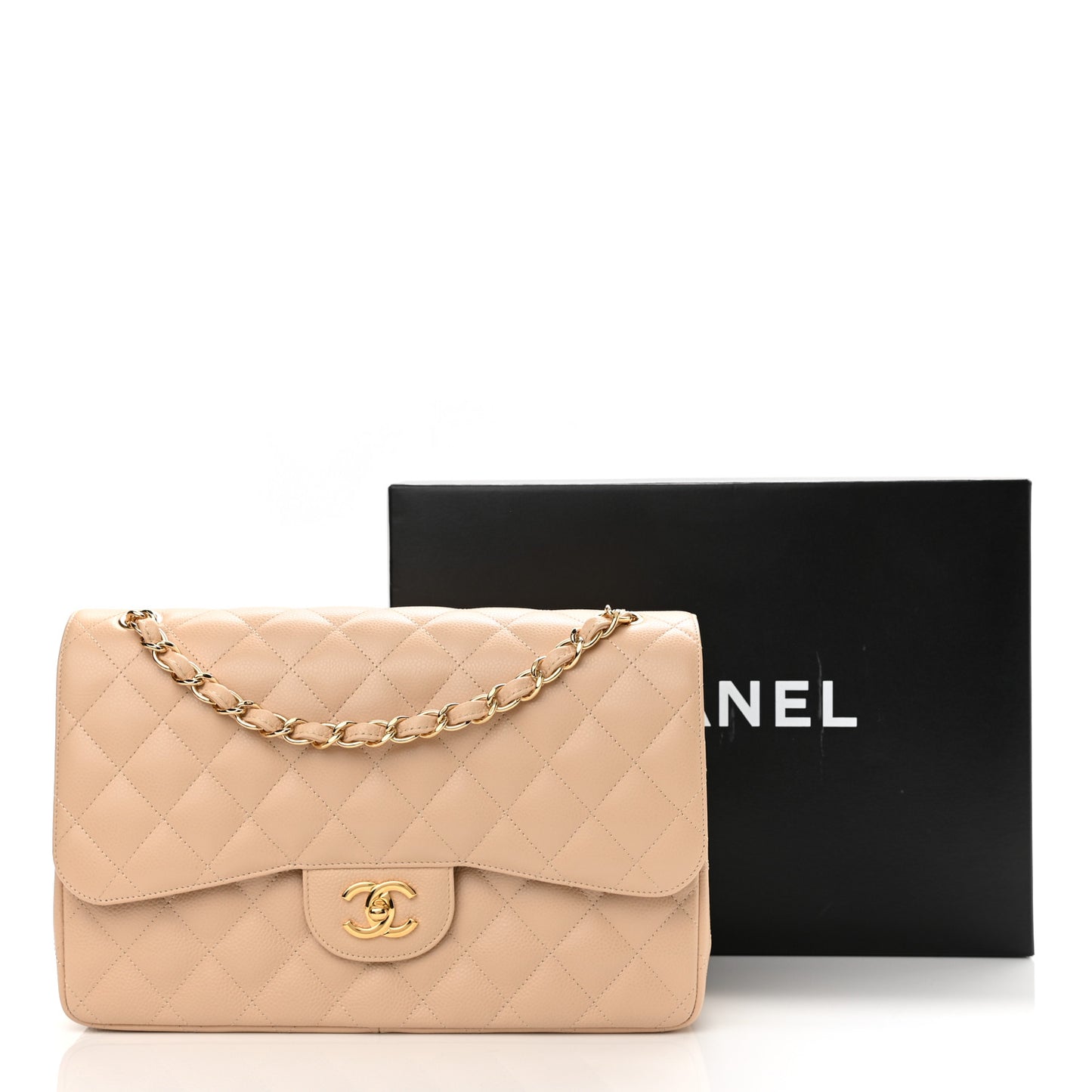 Caviar Quilted Jumbo Double Flap Light Beige