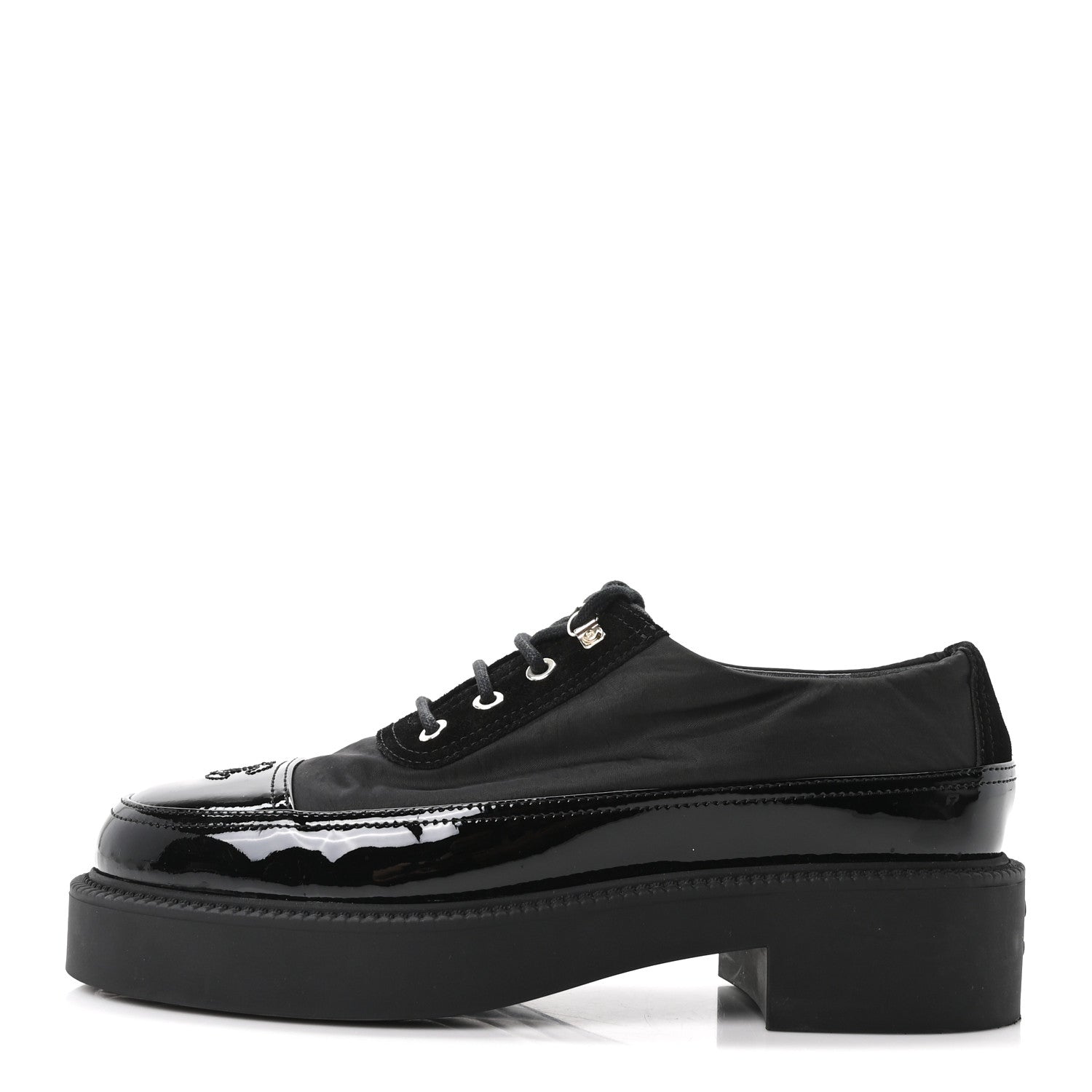 Chanel Nylon Suede Patent Calfskin CC Captoe Lace Up Oxfords 39.5 Black 1 of 10