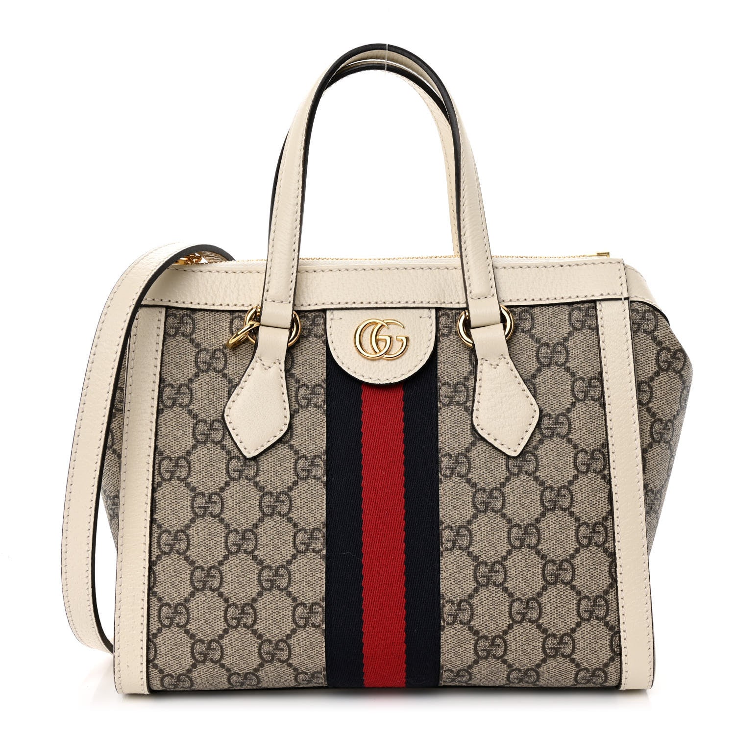 Gucci GG Supreme Monogram Textured Dollar Calfskin Web Small Ophidia Tote Bag Beige Ebony Mystic White 1 of 10