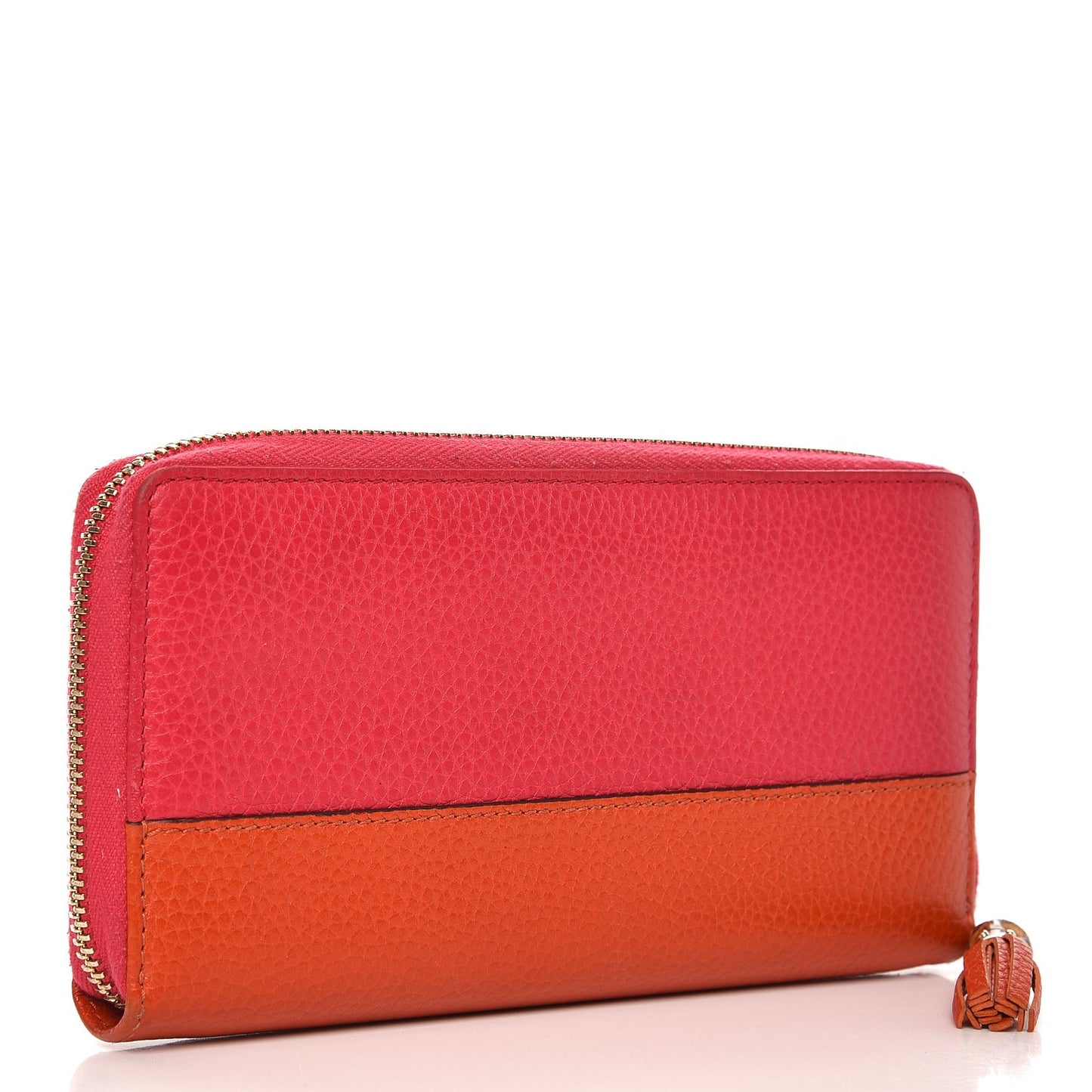 Pebbled Calfskin Bamboo Tassel Zip Around Wallet Pink Orange