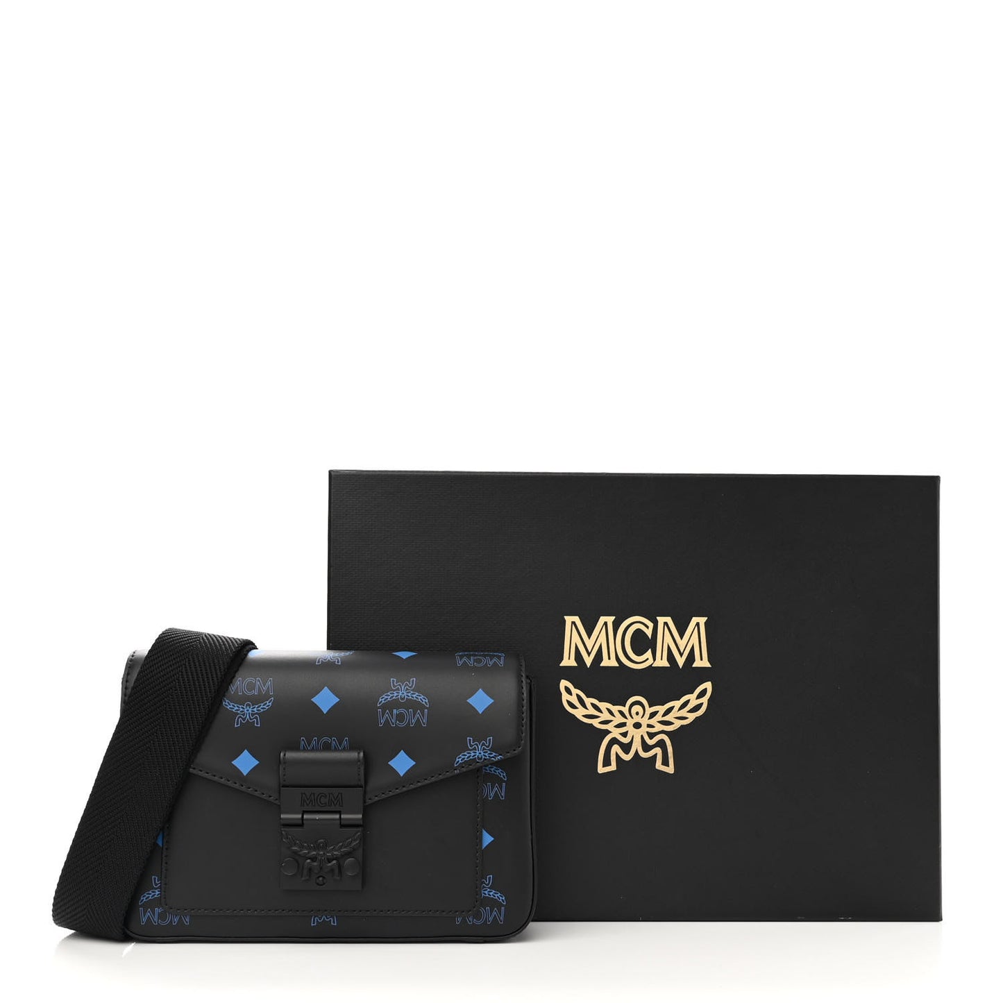 Calfskin Color Splash Logo Crossbody Small Black Blue