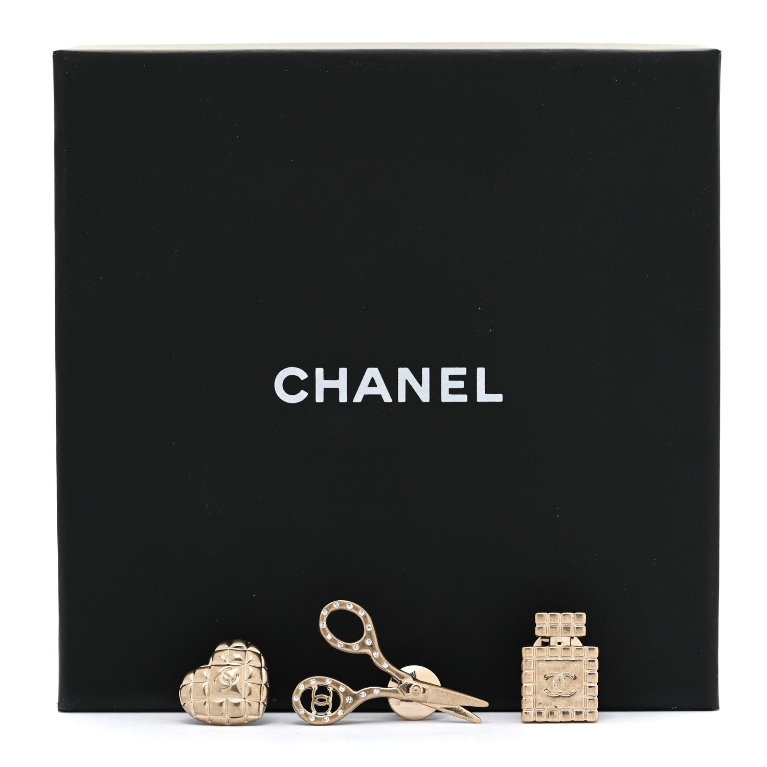 Chanel Metal Strass Crystal Quilted CC Heart Scissors Perfume Brooch Set Gold 5 of 5