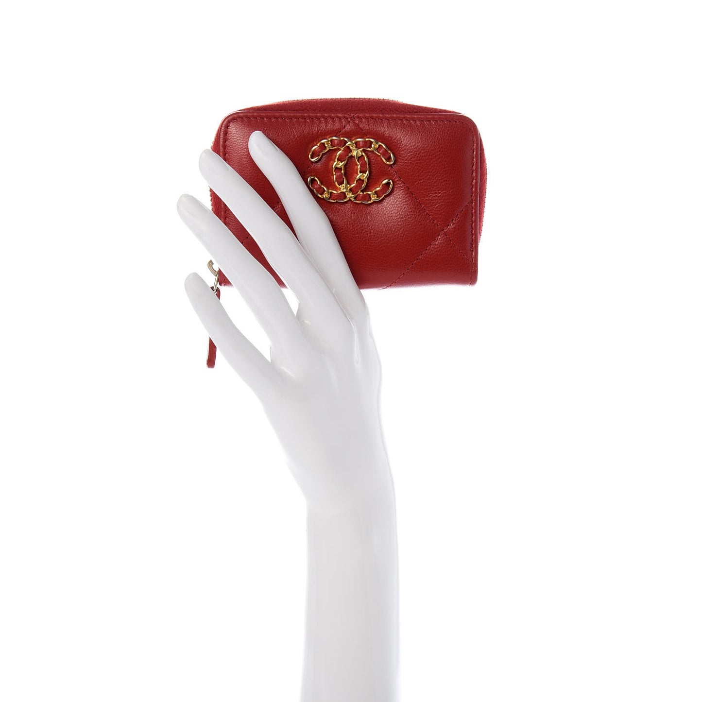 Goatskin Quilted Chanel 19 Zip Around Coin Purse Wallet Red
