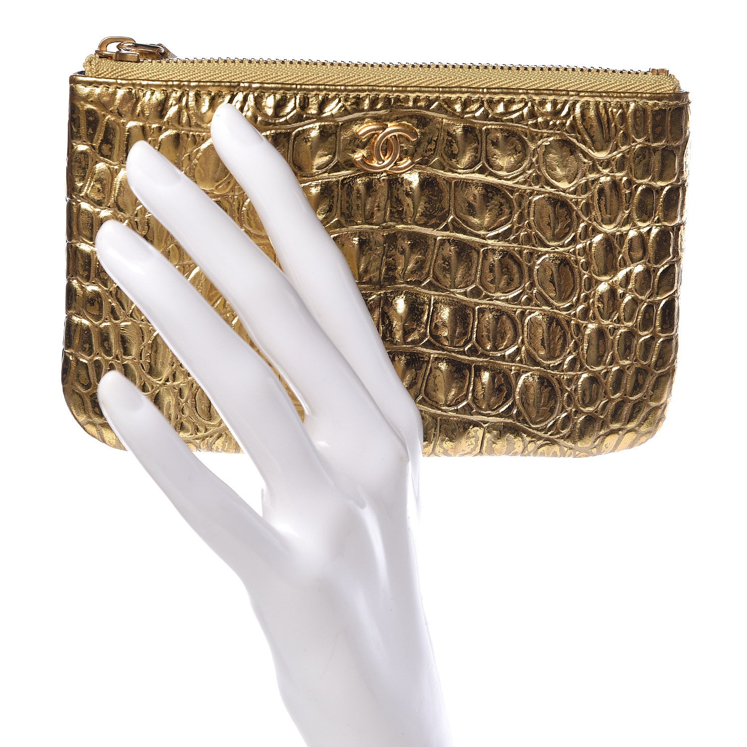 Chanel Metallic Calfskin Crocodile Embossed Cocodile Cosmetic Case Gold 2 of 8